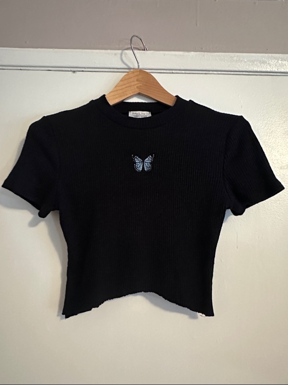Black Ribbed Crop Top with Blue Butterfly Embroidery